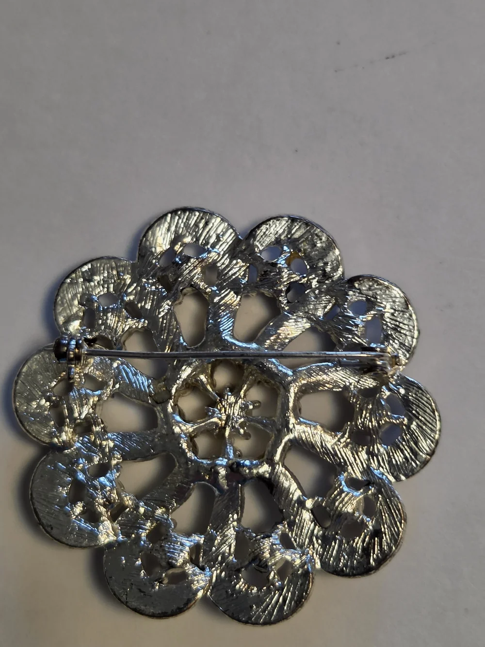 Vgt Silver-Tone with Black and Pave-Set Rhinestone Petals Floral Brooch